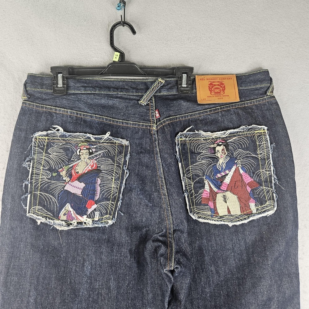 Red Monkey Company Jeans Mens 40x32 Blue Raw Straight Embroidered Denim Street